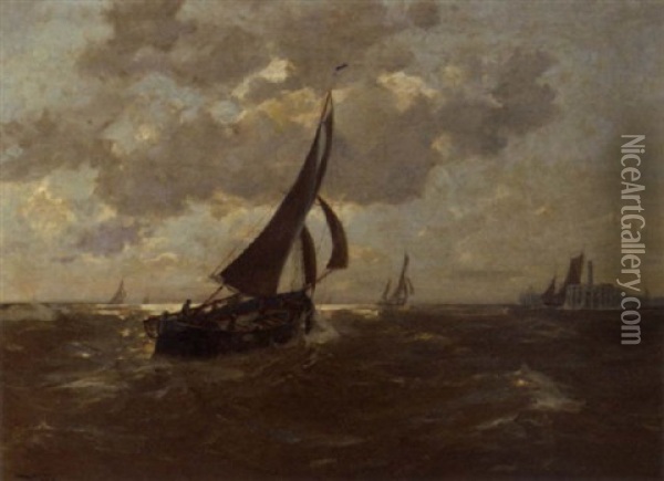 Fishing Vessels Near The Harbour Entrance Of Oostende Oil Painting - Erwin Carl Wilhelm Guenther