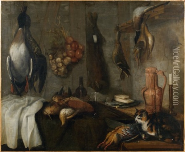 Canards, Perdrix, Becasses Pendues Dans Une Cuisine, A Droite Un Chat Convoite Une Perdrix Oil Painting - Alessandro de Loarte