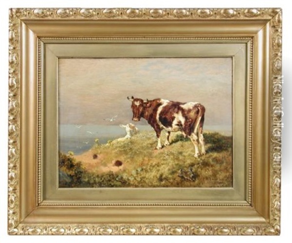 A Cow, A Sheep And A Rabbit On A Clifftop Oil Painting - William Woodhouse