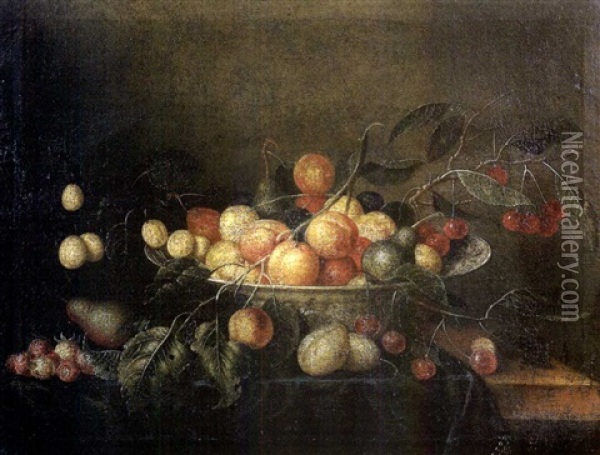 Nature Morte Aux Prunes Et Cerises Dans Une Coupe Oil Painting - Jacob van Hulsdonck