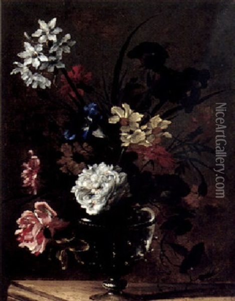 Still Life Of Various Flowers In A Glass Vase, On A Stone Ledge Oil Painting - Nicolas Baudesson