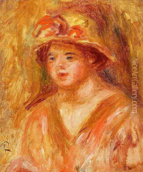 Bust Of A Young Girl In A Straw Hat Oil Painting - Pierre Auguste Renoir