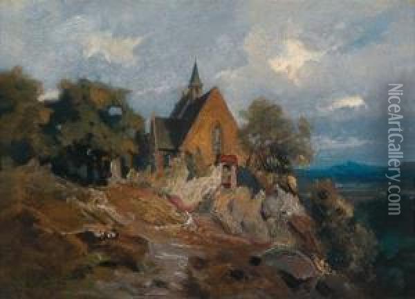 Mountain Landscape With A Chapel At High Altitude Oil Painting - Charles Hoguet