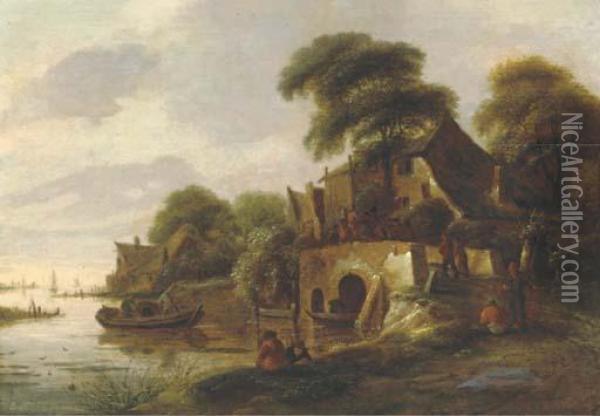 A River Landscape With Peasants Gathered On A Bridge In A Village Oil Painting - Claes Molenaar (see Molenaer)