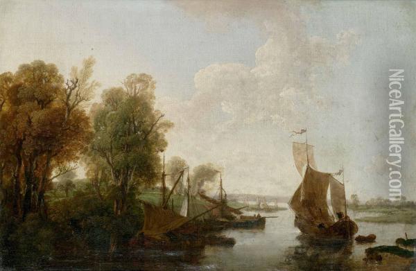 Flodlandskap Med Batar Och Figurer Oil Painting - Johann Ludwig Giesel