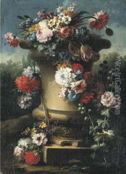 Narcissi, Tulips, Chrysanthemums, Roses And Other Flowers In Astone Urn With Hollyhocks Oil Painting - Gasparo Lopez