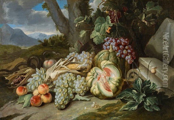 Fruit Still Life In Landscape Oil Painting - Alexander Coosemans