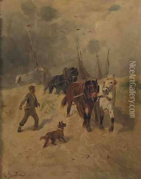 A team of horses on the beach, fishing-smacks in the background Oil Painting - Henry Schouten