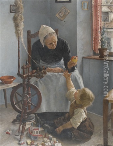 Interieur Mit Kind Und Grossmutter Am Spinnrad Oil Painting - Emil Dill