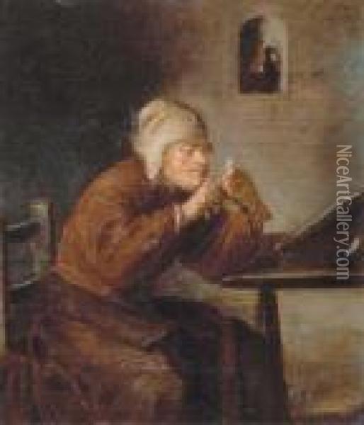 A Man Seated At His Desk Sharpening His Pen Oil Painting - Adriaen Brouwer