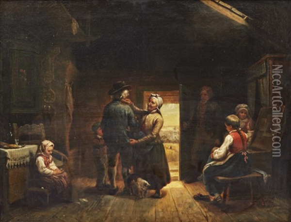 Pa Vag Till Kyrkan - Interior Med Familj Oil Painting - Bengt Nordenberg