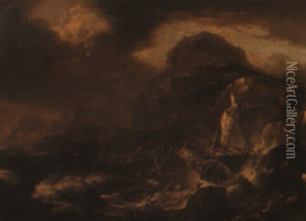 A Shipwreck On A Rocky Coast Oil Painting - Pieter Mulier the Younger