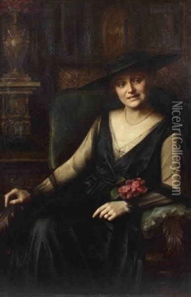 Portrat Einer Dame Mit Schwarzem Hut Und Tullkleid Oil Painting - Gustav Franck