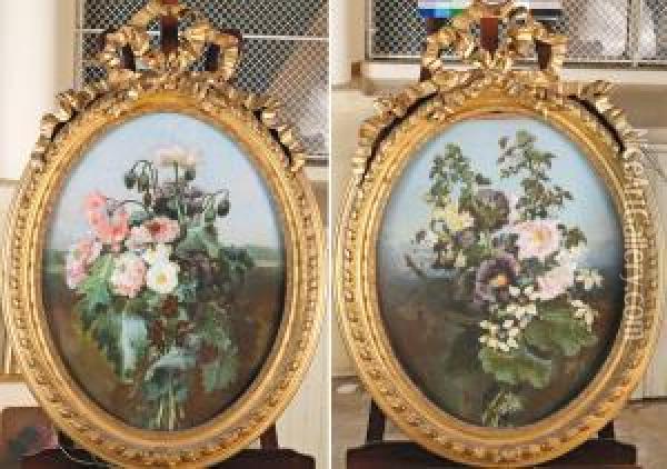 Bouquet De Roses Tremieres, Bouquet De Fleurs Des Champs Oil Painting - Marie Octavie Sturel Paigne