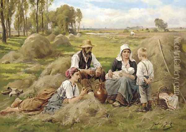 Harvesters picnicking Oil Painting - Joseph Julien