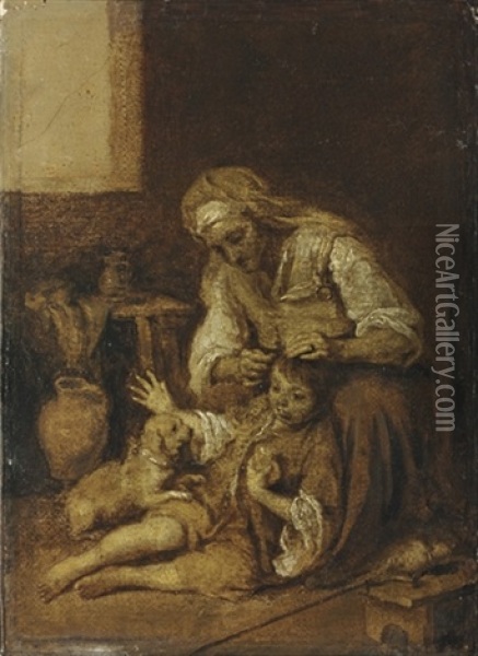 A Mother And Child In An Interior Oil Painting - Bartolome Esteban Murillo