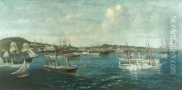 Blockade Runners in Port at St. George, Bermuda, c.1861-65 Oil Painting - William Torgerson