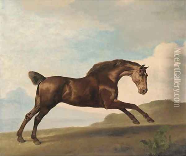A bay hunter galloping in a mountainous landscape Oil Painting - George Stubbs