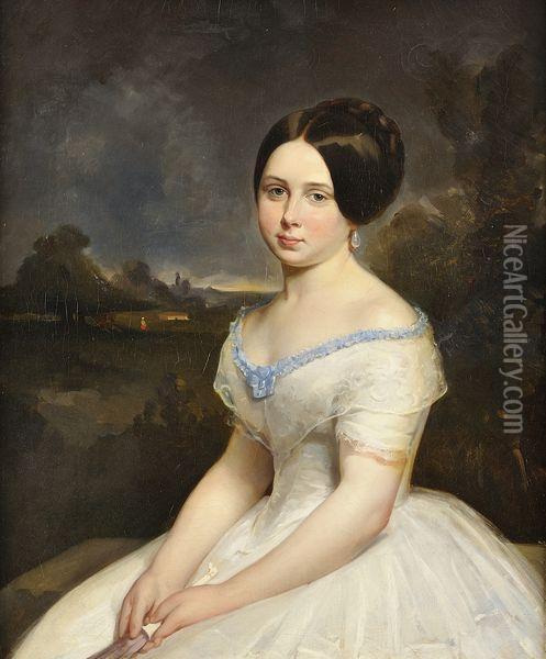 Portrait De Jeune Fille A La Robe Blanche Oil Painting - E De Tarade