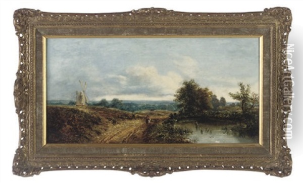 Figure On A Country Track By A River, A Windmill Beyond Oil Painting - Edmund John Niemann