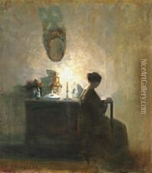 Interior With The Artist's Wife Reading By The Candlelight Oil Painting - Carl Vilhelm Holsoe