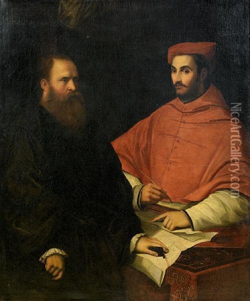 Portrait Of Cardinal Ippolito De' Medici And Monsignor Mario Bracci Oil Painting - Girolamo da Carpi