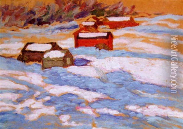 Vinterlandskap Med Stugor Oil Painting - Helmer Osslund