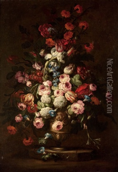 Elaborate Floral Bouquet In Footed Vase (+ Another; Pair) Oil Painting - Bartolommeo Bimbi