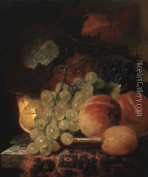 Peaches, Grapes, A Pear And A Plum On A Draped Ledge Oil Painting - George Lance