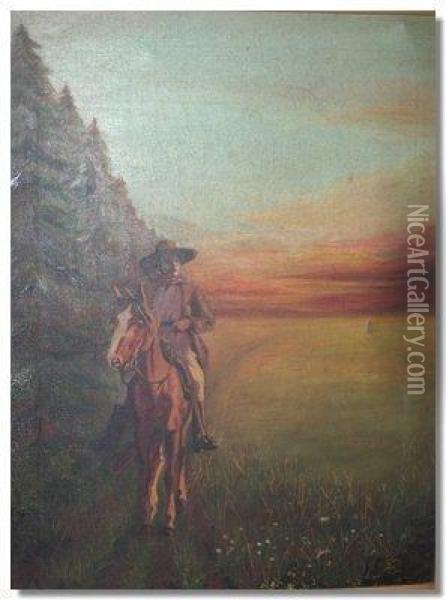 Cowboy Riding By A Forest At Sunset Oil Painting - George Hall Neale