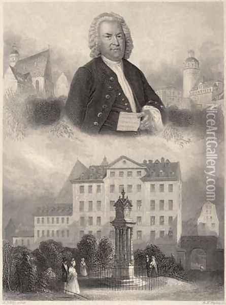 Portrait of Johann Sebastian Bach, Bachs Monument and St. Thomas Church and School in Leipzig, c. 1860 Oil Painting - Albert Henry Payne