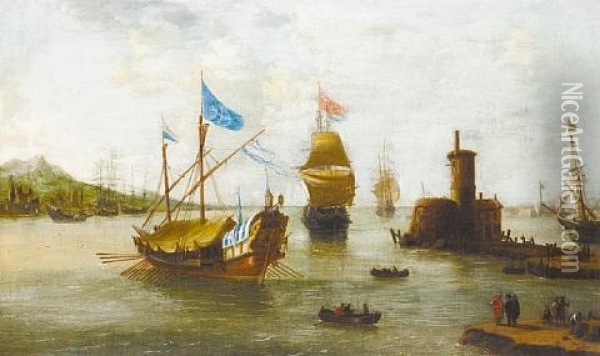 Shipping Approaching A Harbor In A Calm, Villages On The Horizon Oil Painting - Jan Peeters the Elder