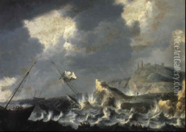 Shipwrecks In Choppy Seas Off A Rocky Coast Oil Painting - Bonaventura Peeters the Elder