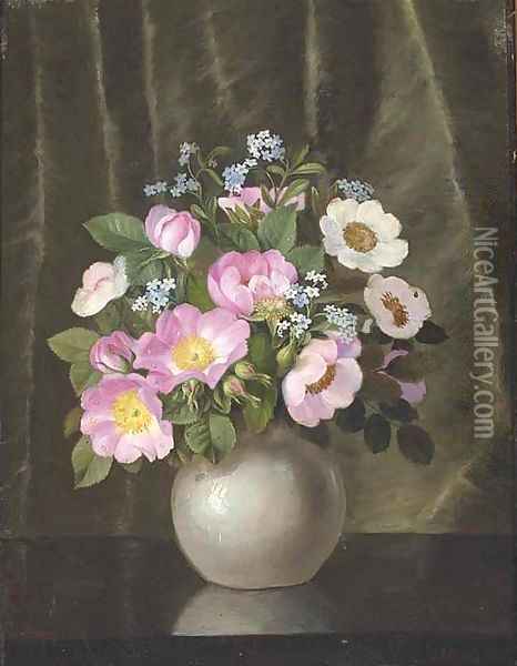 Summer flowers in a grey vase on polished table Oil Painting - Emil C. Unlitz