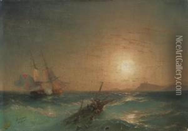 A Naval Engagement At Sunset Oil Painting - Ivan Konstantinovich Aivazovsky