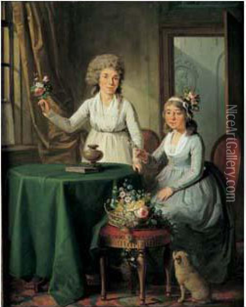 Deux Jeunes Femmes Preparant Un Bouquet Dans Un Interieur Oil Painting - Guillaume Dominique Doncre