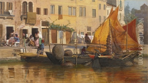 By The Canal Oil Painting - Egisto Lancerotto