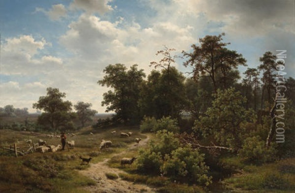 A Wooded Landscape With A Shepherd And His Flock Oil Painting - Richard Burnier