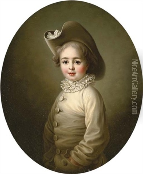 Portrait Of A Young Boy In A White Silk Coat And A Hat Oil Painting - Francois Hubert Drouais
