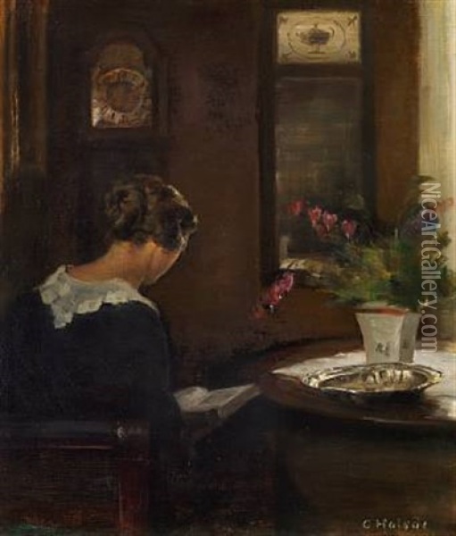 Interior With The Artist's Wife Reading At A Table Oil Painting - Carl Vilhelm Holsoe