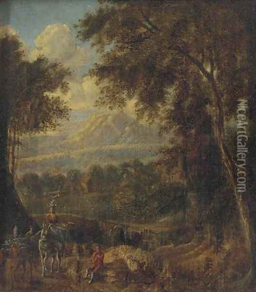 A mountain landscape with travellers on a wooded track Oil Painting - Jan Frans Van Bloemen (Orizzonte)