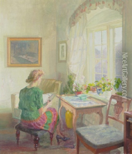 Interior Med Laesende Ung Dame Ved Vinduet Oil Painting - Robert Panitzsch
