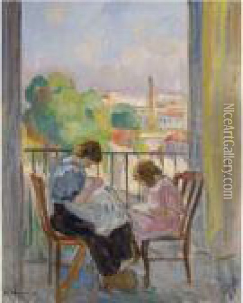 Madame Lebasque Et Sa Fille Cousant Devant La Fenetre Oil Painting - Henri Lebasque