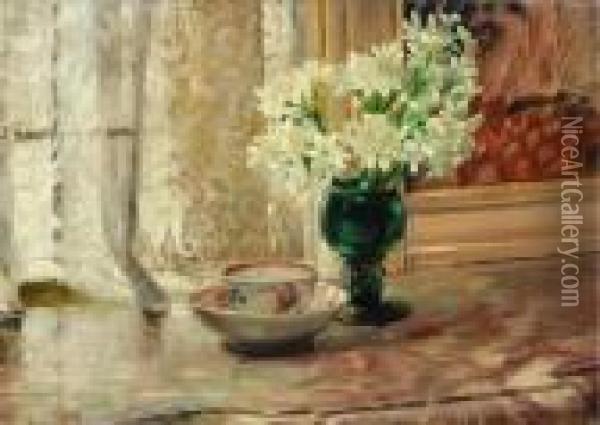 Still Life With A Porcelain Cup And Saucer And A Vase With Flowers Oil Painting - Willem Roelofs