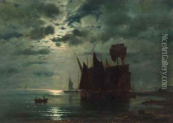 Fishing boats in a harbour by moonlight Oil Painting - Ferdinand Konig