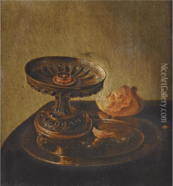 Still Life With A Tazza And Bread Roll On A Pewter Plate On A Draped Ledge Oil Painting - Jan Jansz Den Uyl
