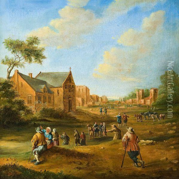 Busy Village Scenery Oil Painting - David The Younger Teniers