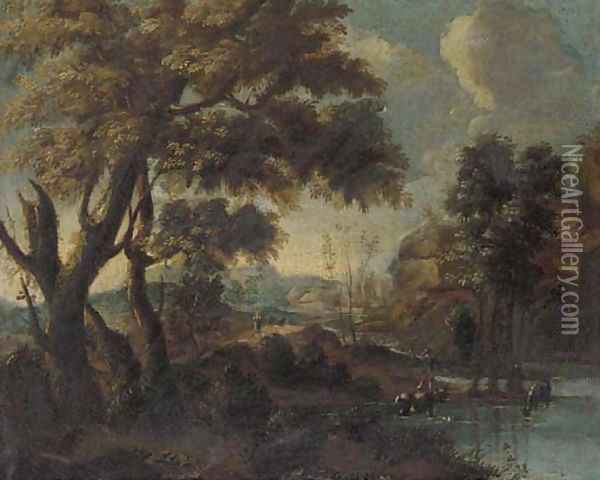 A mountainous river landscape with a herdsman watering his cattle Oil Painting - Giovanni Francesco Grimaldi