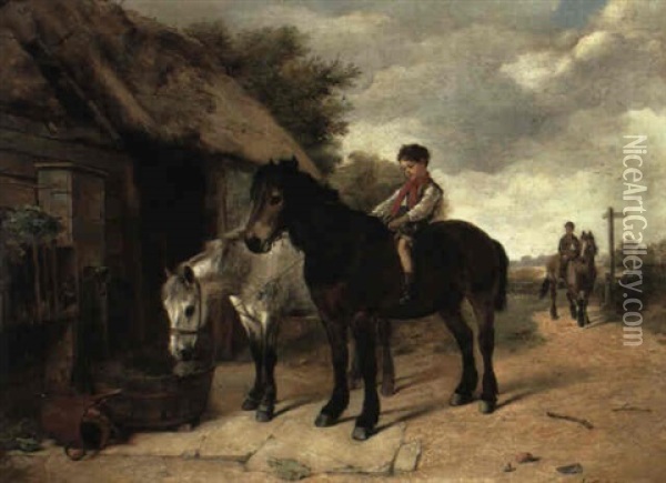 Ponies At The Water Pump Oil Painting - Walter Hunt