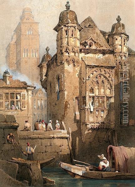 By The Water Front, Strasbourg And Another Continental View Oil Painting - Samuel Prout